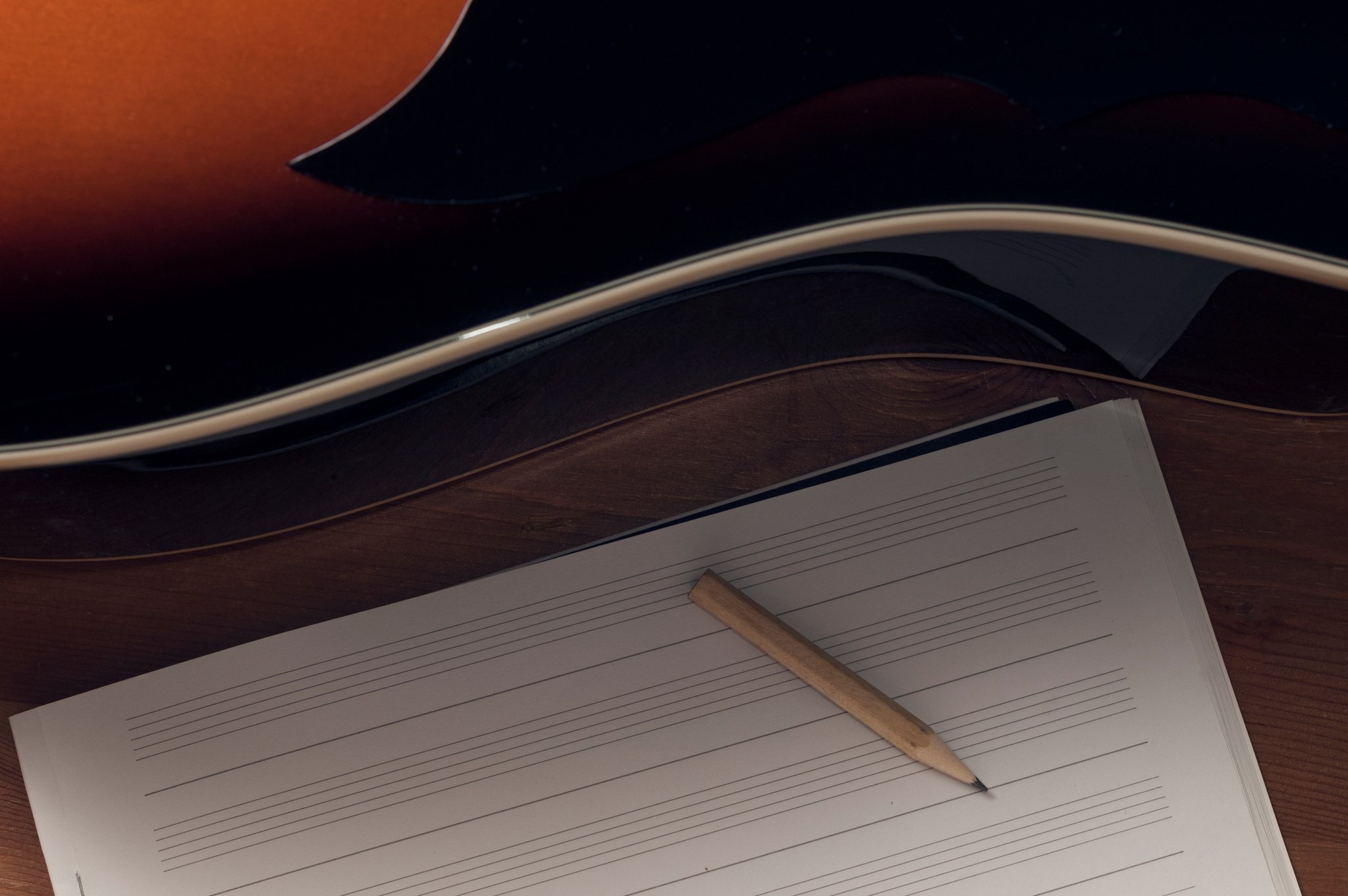 Close Up of Guitar with a Blank Sheet Music  